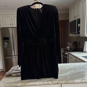 Aqua Black Velvet Long-Sleeve Wrap Dress with Rosette Waist